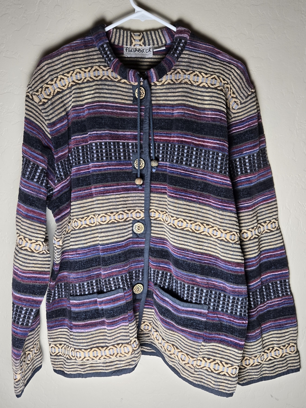 Vintage 90s Flashback Purple Striped Woven Cardigan Sweater Jacket XL Boho